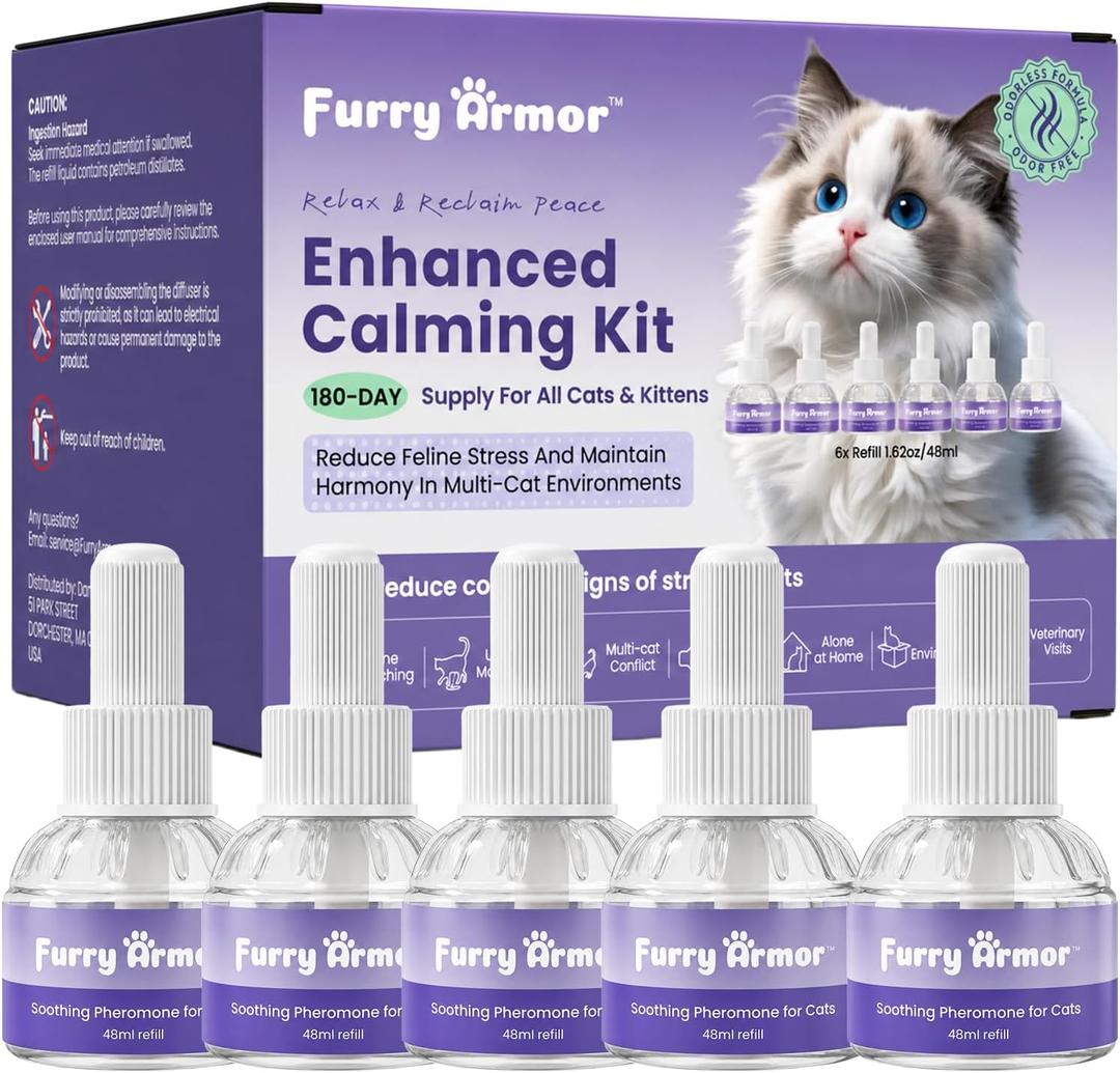 Cat Calming Pheromone Diffuser Refills 6-Pack (48ml Each): 6-Month Supply, Odorless, Reduces Scratching, Peeing, Hiding, Marking, Aggression & Meowing, Compatible with Most Bases