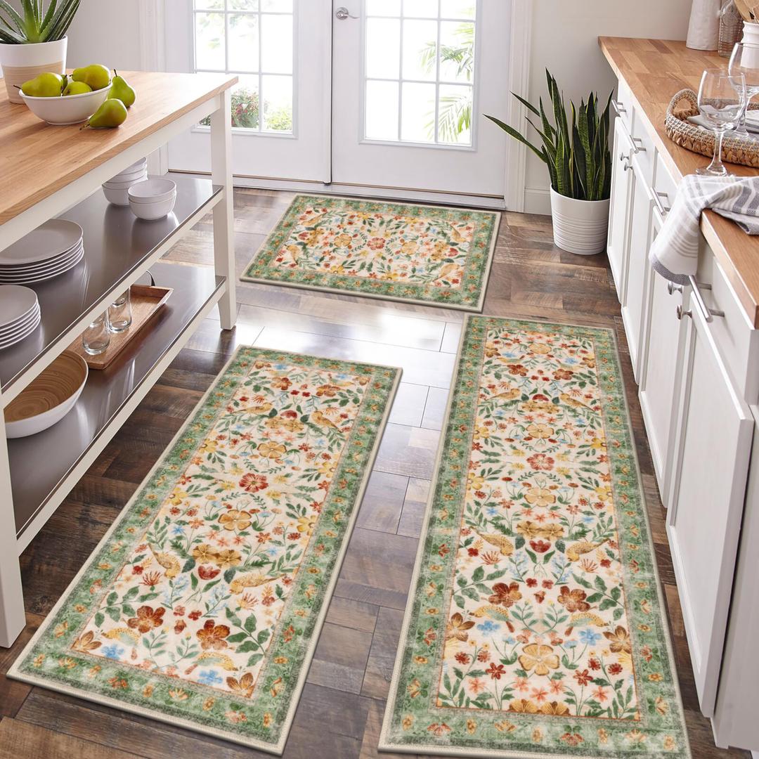 HEBE Boho Kitchen Rugs Set of 3, Non Slip Washable Kitchen Mats for Floor