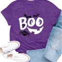 Women Halloween Shirts Spooky Boo Pumpkin Face T-Shirt Trick or Treat Party Short Sleeve (Purple, L)