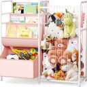 BBLIKE Kids Bookshelf and Stuffed Animal Storage - Multi-Function Nursery Book Shelves with Toy Box and PVC Book Display, Toy Organizer for Playroom, Bedroom, Nursery, Pink