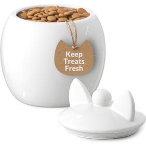 Barnyard Designs Cat Treat Container Airtight Ceramic Treat Jar with Lid, Large White Pet Treat Canister for Kitchen Counter (Cat)