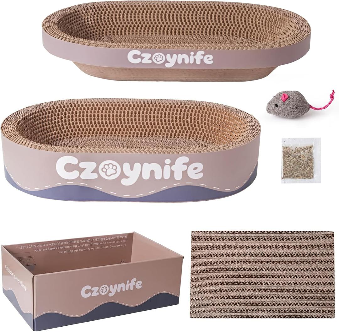 3PCS Cat Scratcher Cardboard, Oval Cat Scratch Pad Bowl Nest for Indoor Cats, Round Cat Scratching Board Corrugated Lounge Cat Bed, Furniture Protector for Couch (Coffee, 15.7 * 10 in)