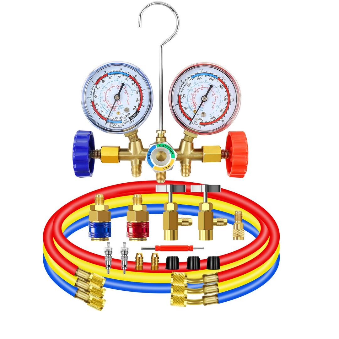 3 Way AC Manifold Diagnostic Gauge Set for R134a R404a, with 3 Feet Charging Hoses Quick Coupler Adapter and Can Tap, for Auto Air Conditioner Refrigerant Test and Recharge