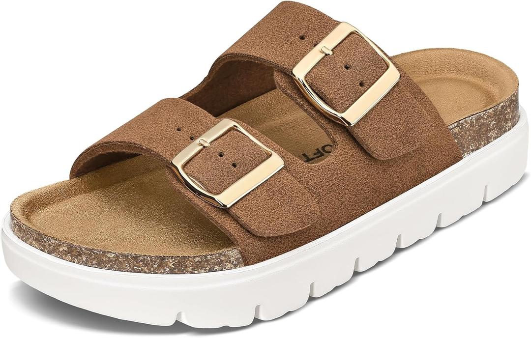 mysoft Women's Comfortable Arch Support Footbed Cork Wedge Sandals - Slip-On Platform Summer Slides with Adjustable Buckle (9)