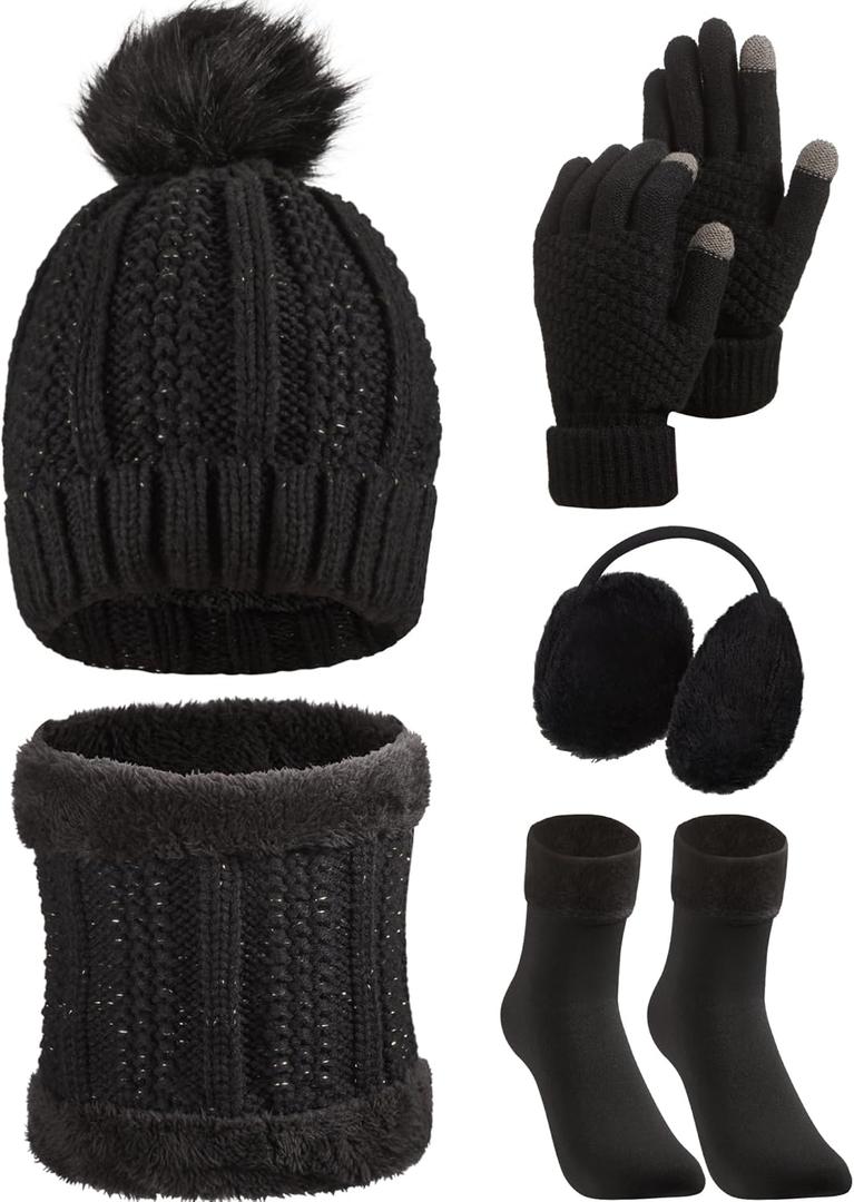 SATINIOR 5 Pcs Winter Hat Scarf Gloves Set Fleece Warm Lined Knit Beanie Hat Touch Screen Earmuff Gloves Warmer for Women(Black,Classic Style)