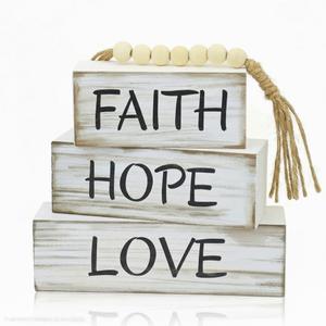 Christian Table Centerpiece Decor, 4 pcs Rustic Wooden Stacked Blocks with Faith Hope Love Signs, Wood Bead & Jute Tassel, Tiered Tray Decor for Home Office Mantle Living Room, Gifts for Christians