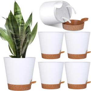 5 Pack Self Watering Plant Pots, 6 inch Plastic Plant Pots Set Bottom Watering Planters With Absorbent Rope & Saucer, Self Watering for Indoor Plants Minimalist Decor Outdoor Garden Flower. (White)