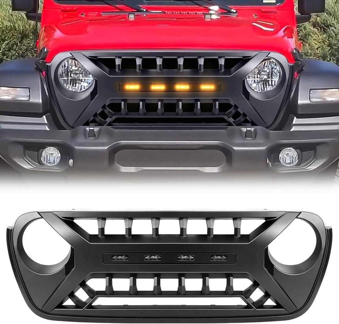 Front Grill Compatible with 2018-2025 Jeep Wrangler JL Gladiator JT, Matte Black Armor Grille with Amber Lights and Camera Bracket
