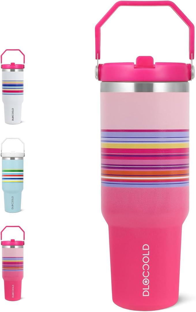 DLOCCOLD 40 oz Tumbler with Flip Straw & Handle,Stainless Steel Leak Proof Tumbler,Double Walled Insulated Water Bottle,Reusable Cup, Portable Travel Mug Fit in Cup holder (Bloomed Rose Glow)