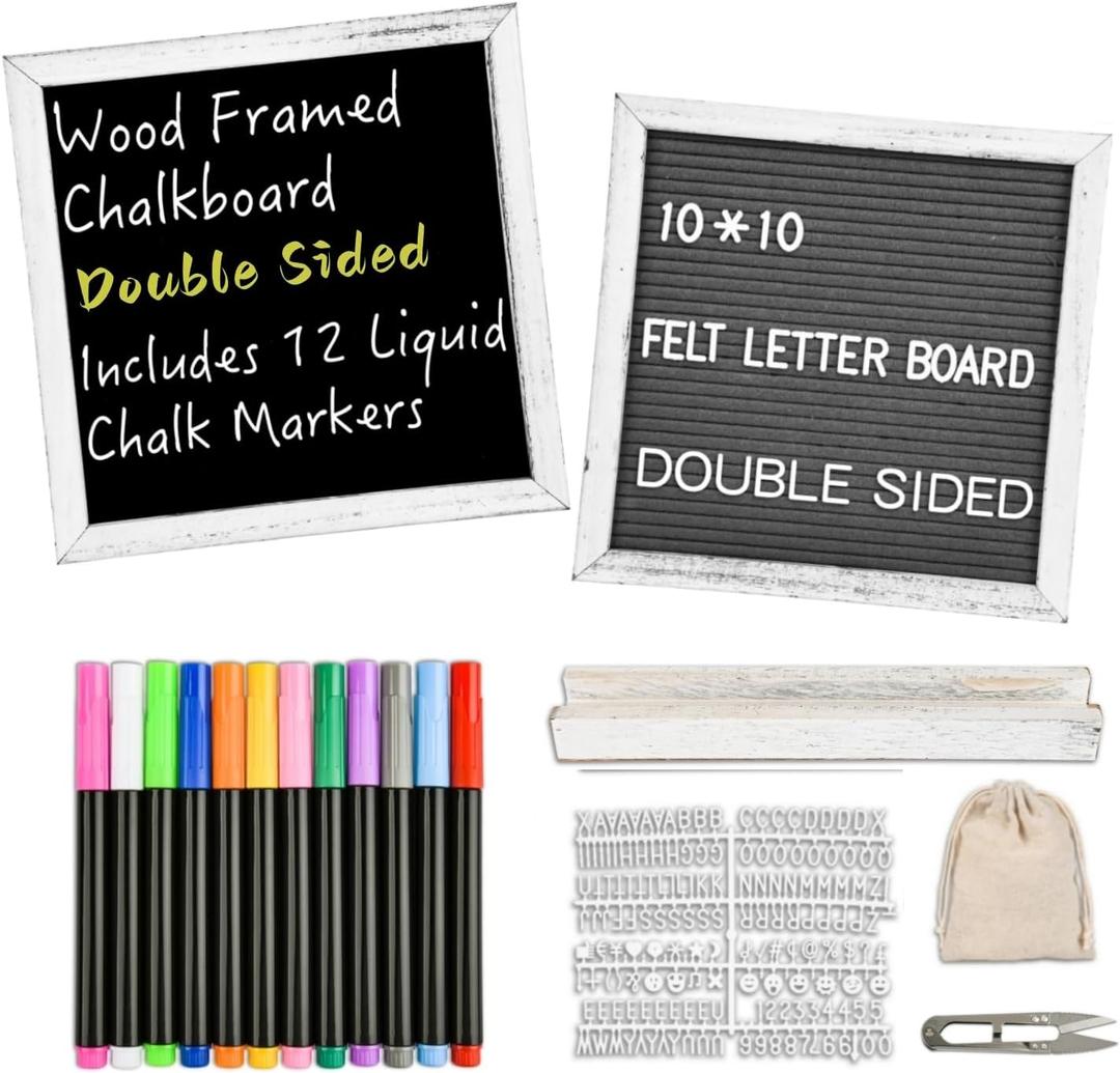 10" x 10" Double Sided Chalkboard Sign with Stand, Small Chalk Board Blackboard Wood Frame Felt Letter Board with 12 Chalk Markers and 340 Letters (White)