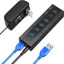 Powered USB 3.0 Hub, RAOYI 6 Ports High Speed USB 3.0 Hub Splitter with 24W Power Adapter, 3.3ft Cable and Smart Fast Charger USB Hub for for Laptop, PC, Mac, Mobile HDD, Mulitple Devices (Black)