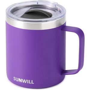 SUNWILL Insulated Coffee Mug with Lid, Travel Tumbler with Handle, 14 oz Stainless Steel Cup for Camping, Office, Home, Powder Coated Purple (1 Count (Pack of 1))