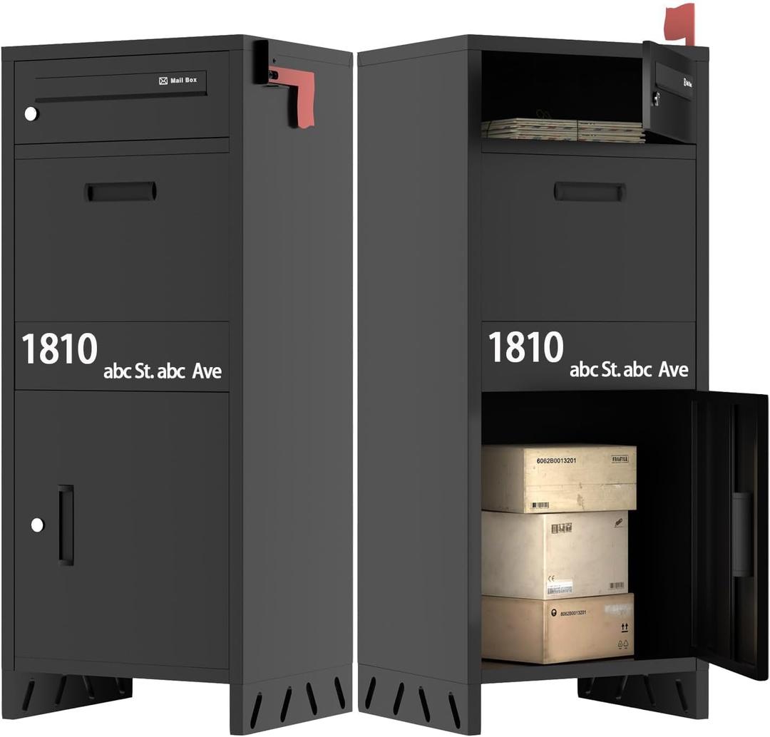 Package Delivery Boxes for Outside, Custom Address Stickers Parcel Drop Boxes with Lock, Package Drop Boxes for Outside is Waterproof, Parcel Drop Box for Porch, Installation required(14.5*17.5*43 in)