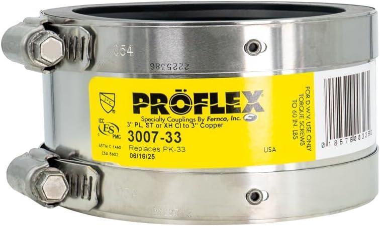 Fernco ProFlex P3007-33 3" Shielded Above Ground Pipe Coupling for Plastic, Steel or Extra-Heavy Cast Iron to Copper Plumbing Connections Fernco ProFlex P3007-33 3" Shielded Above Ground Pipe Coupling for Plastic, Steel or Extra-Heavy Cast Iron to Copper Plumbing Connections