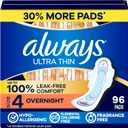 Always Ultra Thin Feminine Pads with Wings for Women, Size 4, Overnight Absorbency, Unscented, Up to 100% Leak-Free Comfort, 96 Count