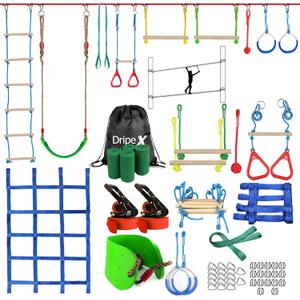 Ninja Warrior Obstacle Course for Kids Backyard - 250ft Slackline Kit with 10 Most Complete Accessories for Boys & Girls, Swing, Rope Ladder, Gymnastic Ring, Climbing Net, Arm Trainer and Monkey Fist (2x50FT + 10 attachments)