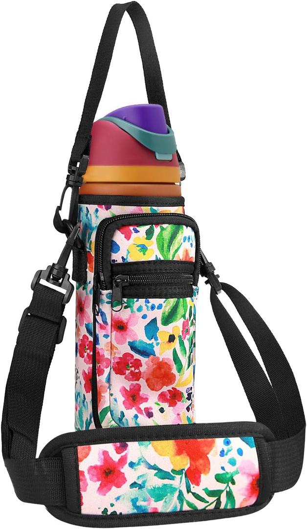 Neoprene Water Bottle Holder Bag with Cell Phone Pocket Compatible with Owala FreeSip 24 ozWater Bottle Carrying Bag with Adjustable Shoulder Strap,for 24oz Stainless Steel Water Bottle (Pink Flower)