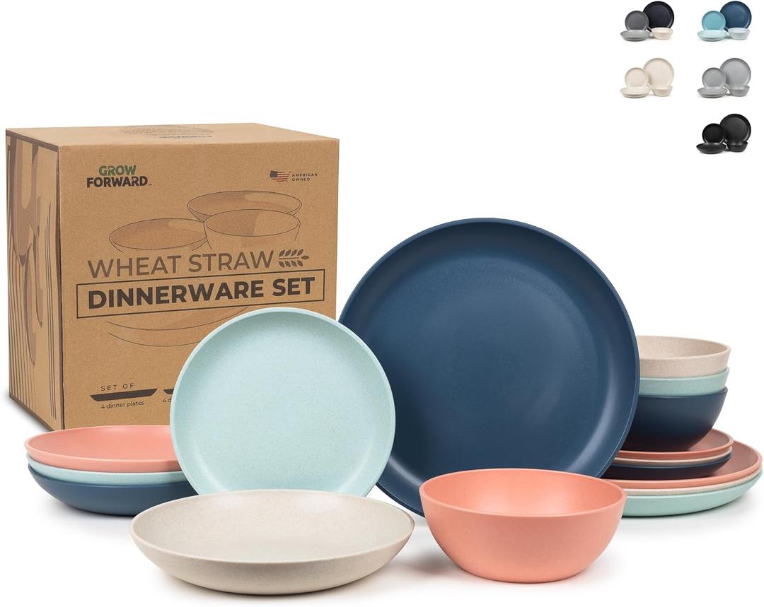 Grow Forward 16-piece Premium Wheat Straw Dinnerware Sets for 4 - Unbreakable Dishwasher & Microwave Safe Plastic Plates and Bowls Sets - Patio, Outdoors, RV, Camping Dishes - Tropical