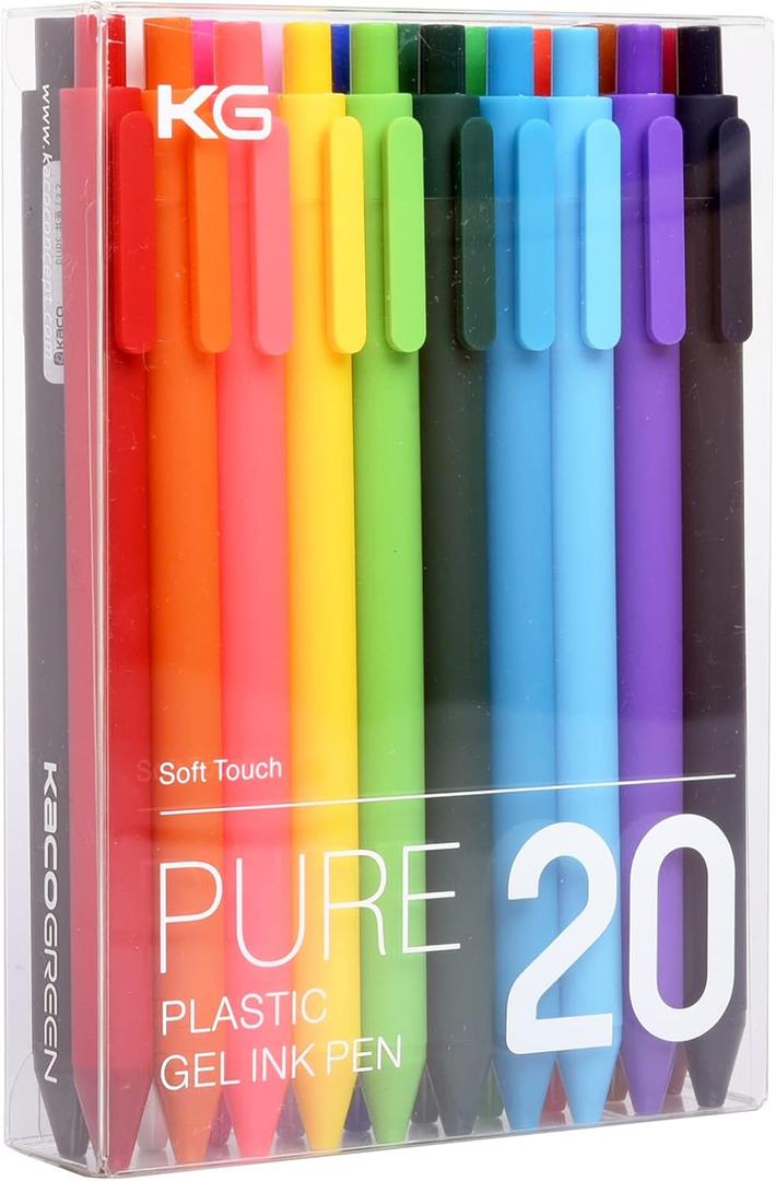 Kaco PURE Colored Gel Pens 0.5mm 20 Pieces Set Colorful Multi-color Ink Fine Point Comfort Grip Quick Drying Pens for Journaling Note Taking (1 Count (Pack of 20))