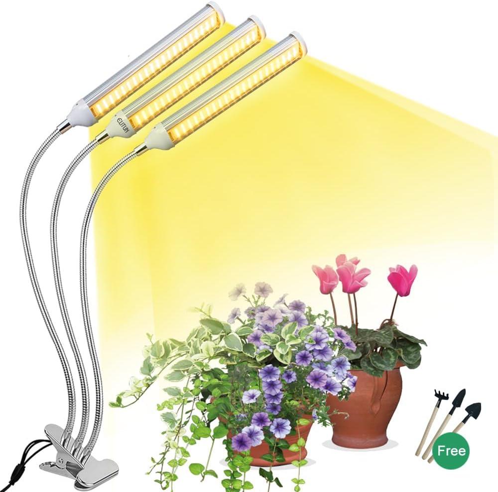 ELITUN LED Grow Light for Indoor Plants, Full Spectrum Plant-Growing Lamp with 315 LED Lamp Beads,5 Dimmable Levels & 3 Modes Timing Function, Auto On/Off (3 Heads Light) (Warm White)