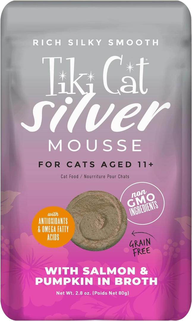 Tiki Cat Silver Mousse, with Salmon & Pumpkin in Broth, Silky Smooth Nutrient Rich Formulated for Older Cats Aged 11+, 2.9 oz. Pouch (12 Count)