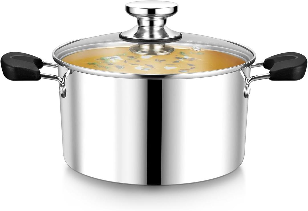 4 Quart 3-Ply Cooking Stock Pot with Lid, P&P CHEF Stainless Steel Large Pot for Pasta Soup, Work on Multi Stove, Heavy Duty & Dishwasher Safe, Dual Heat-resistant Handles & Transparent Glass Lid