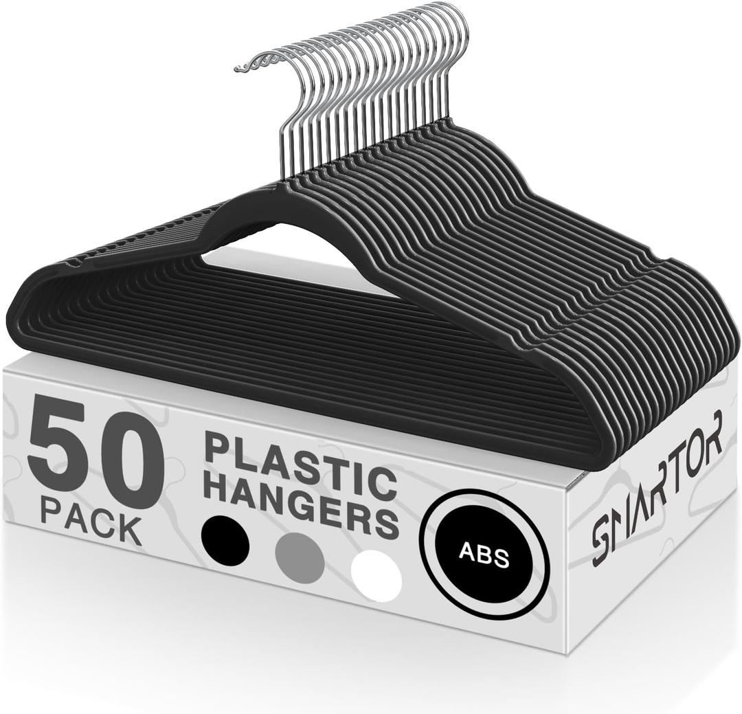 SMARTOR Plastic Hangers 50 Pack, Heavy Duty Plastic Hangers for Clothes - Non-Velvet Slim Hangers with 360 Swivel Hook & Clothes Thin Hanger - Durable Coat Hangars, Space Saving Hanger - Black, Pack of 50