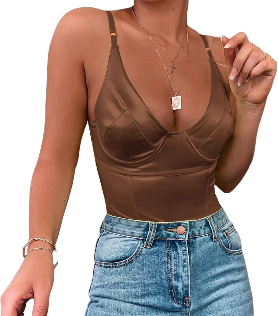Velius Women's Sexy Metallic Shiny Bodysuit Tank Tops for Night Club Going Out (Large, Brown)