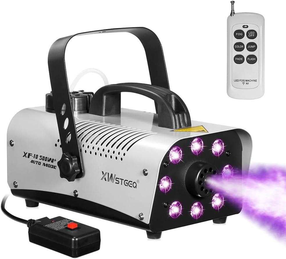 Smoke Machine, 500+ Watts Fog Machine with 8 LED Par Lights, Wireless Remote, Auto Mode-Perfect for Party Halloween Wedding Gender Reveal and Stage Effect (XF-10/500W+)