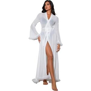 OYOANGLE Women's Ruffle Trim Long Sleeve Belted Sheer Mesh Wedding Bride Robe Nightgown, Size M OYOANGLE Women's Ruffle Trim Long Sleeve Belted Sheer Mesh Wedding Bride Robe Nightgown, Size M
