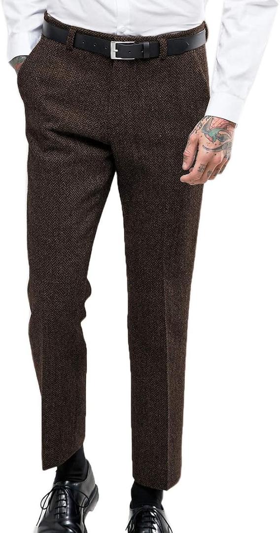 Ceehuteey Men's Retro Dress Suit Pants Thick Wool Flat Front Herringbone Tweed Trousers, Size 36Wx30L