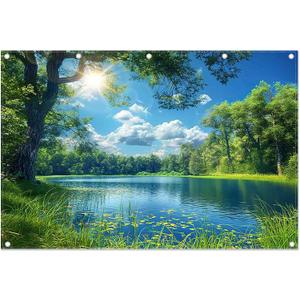 Fabric 12x8ft Lake Natural Scenery Backdrop River Forest Tree Blue Sky Bokeh Background Picnic Camping Hiking Spring Outdoor Party Decorations Photoshoot Banner Props