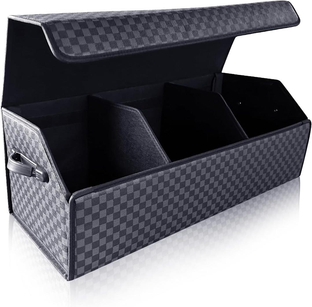 Trunk Organizer for SUV - Leather Storage Box, Extra Large, Magnetic Lid, Collapsible and Adjustable Car Organizer (Checked)
