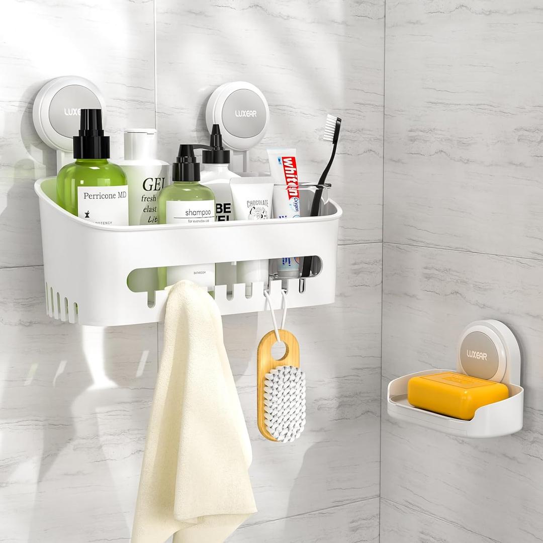 LUXEAR Shower Caddy Suction Cup 2 Pack Suction Shower Basket + Soap Dish Holder NO-Drilling Removable One Second Installation Shower Organizer Powerful Waterproof Bathroom Caddy Storage