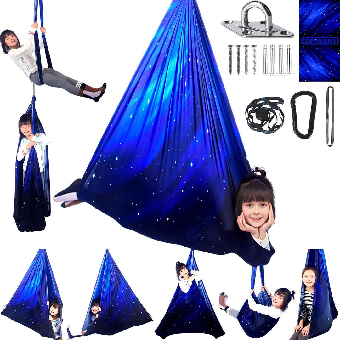 Sensory Swing for Kids Indoor and Outdoor Therapy Cuddle Swing Snuggle Hammock Chair Holds up to 300 lbs with Hardware Hanger Kit For Aspergers Autism ADHD (Space Blue)