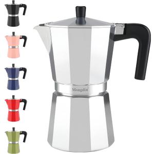 Mongdio Stovetop Espresso Maker Moka Pot, Stove Top Cuban Coffee Maker, Italian Greca Mocha Pot, 9 Espresso Cups, 15 oz - Silver
