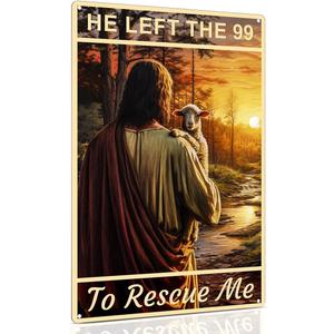 2 x ALKB Jesus and Lamb Metal Sign Wall Art Gifts for Christians.He Left The 99 to Rescue Me Sign Print Christian Home,Office,Bedroom Wall Decor 8 x 12 Inch