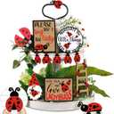 Jetec 12 Pcs Red Ladybug Tiered Tray Decor Set Spring Summer Wood Sign Rustic Farmhouse Decor Ladybird Tiered Decorative Trays Signs for Home Kitchen Decorations (Ladybug)