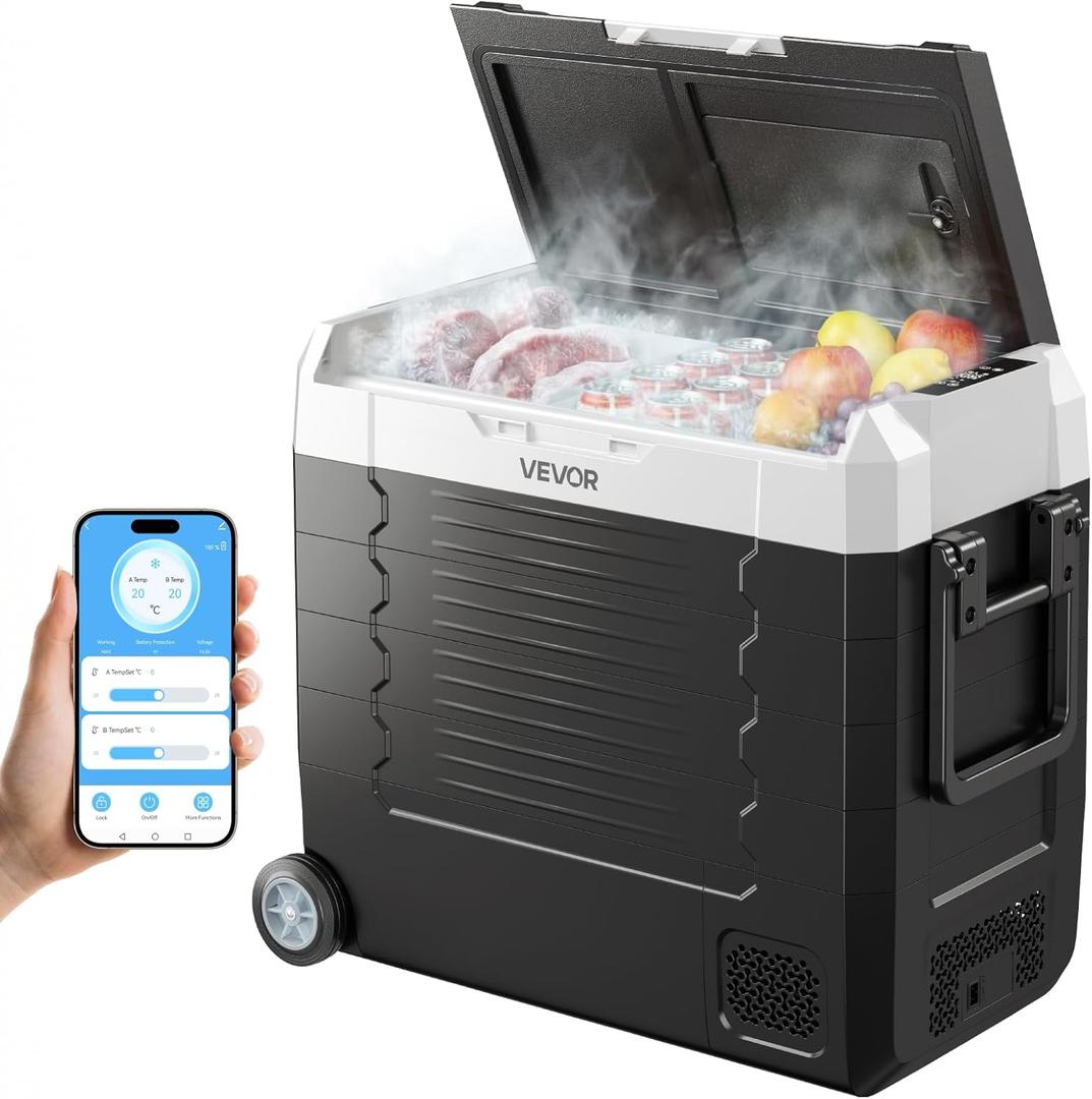 VEVOR Car Refrigerator, DC 12/24V AC100-240V Compressor Electric Cooler, -4F to 68F Truck Refrigerator with APP Control, Wheels & Dual Zone, 58 QT Cars Cooler for RVs, Boats, Camping, Fishing, 27.20 x 15.35 x 22.83 inch