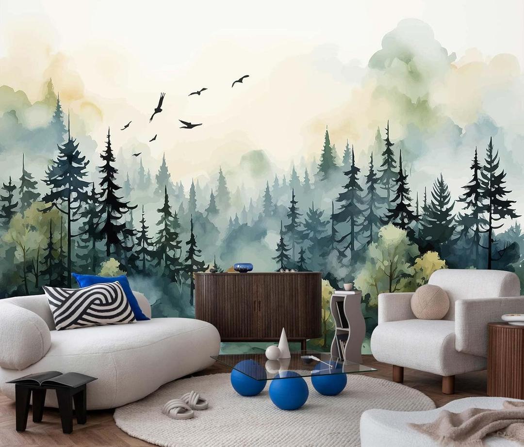Green Forest Woodland Wallpaper Mural Large Art Wall Decorative Mural for Bedroom Living Room (Not Self-Adhesive) (106" x 75")