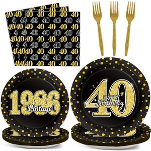 ZOIIWA 96PCS 40th Theme Birthday Party Tableware Vintage 1986 Party Supplies 40 Year Old Birthday Decorations Plates Napkins Forks Black and Gold Dinnerware Favors for Men or Women
