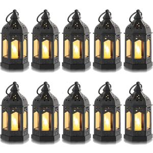Mini Lantern with Flickering LED Candles Set of 10, Hewory Black Vintage Decorative Hanging Candle Lanterns for Halloween, Christmas, Wedding Decorations, Party, Table Centerpiece, Battery Included