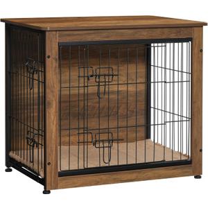 DWANTON Dog Crate Furniture with Cushion, Wooden Kennel Table with Double Doors, Indoor Dog House, Small/Medium/Large Size, 27.2" L, Warm Brown