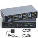 Alxum 2 Port HDMI KVM Switch with Audio and Microphone Ports-2 Monitors Share 2 PC,Dual Mode Switching Support Copy or Extended Mode 4K@60Hz 3 USB A 5Gbps,Includes Desktop Controller, 2 USB Cables