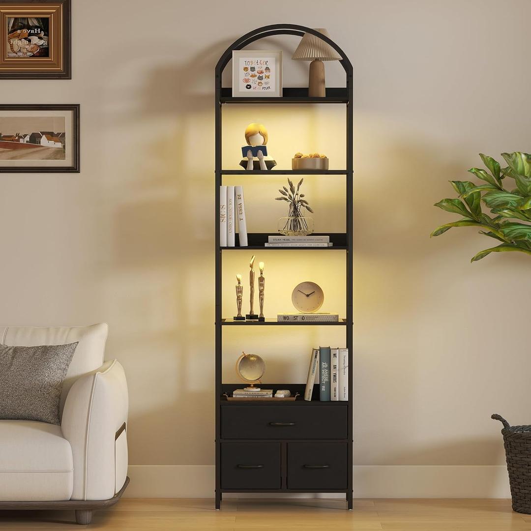 Tall Narrow Bookshelf with 3 Drawers, Arched Bookcase with 4 Legs, 84 inches 5 Tier Skinny Book Shelves with LED Lignts for Living Room, Office, Black