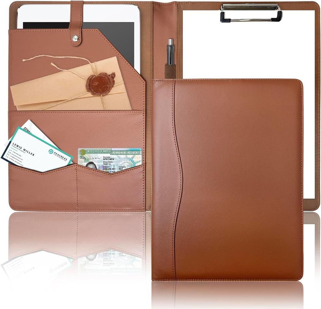 Padfolio Portfolio Binder, Leather Clipboard Folder Briefcase Loose-Leaf Binder with Cover Brown Folder with Pockets Resume Folder for Business School Office Meeting Men Women's Business (A4, Brown)