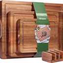 Acacia Wood Cutting Board Set of 3, Solid Wood Cutting Board with Holder, Deep Juice Grooves & Built-in Handles, Durable Wooden Chopping Board Set for Meat, Vegetables, Cheese, Kitchen Prep