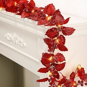 Syhood Valentines Day Decorations Glitter Berry String Garland 6ft Red Lighted Holly Leaves Artificial LED Valentines Garland for Indoor Outdoor Wedding Fireplace Mantel