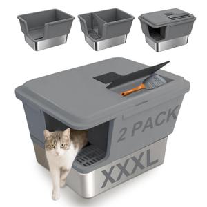Ixaro XXL Enclosed Stainless Steel Litter Box with Lid, High Sided Metal Litter Pan Large with Litter Catch Step & Walkway Entry,Top Filter Holds Activated Carbon, Dual Odor Control,Easy Clean,Gray