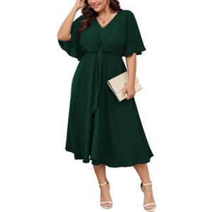 SCOMCHIC Women Plus Size Midi Dresses Wedding Guest Short Sleeve V Neck Tie Waist Casual Summer Flowy A Line Dress, 3XL, Emerald Green